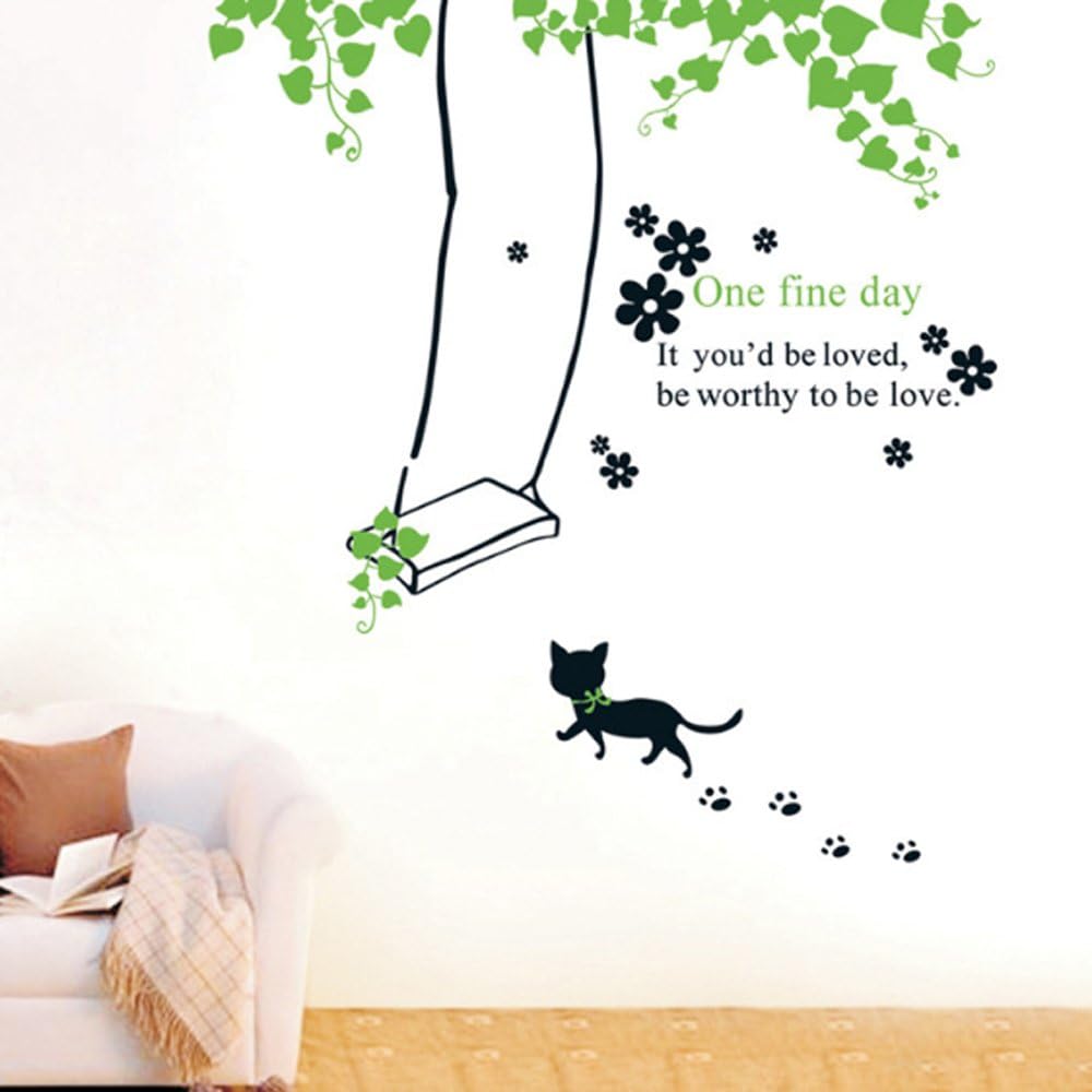 DM570067 Top of top store Removable Wall Stickers Home Decor Butterfly Flowers Trees Cartoon Animals Wall Decals for Bedroom Kitchen Kids Room (Swing Cat)