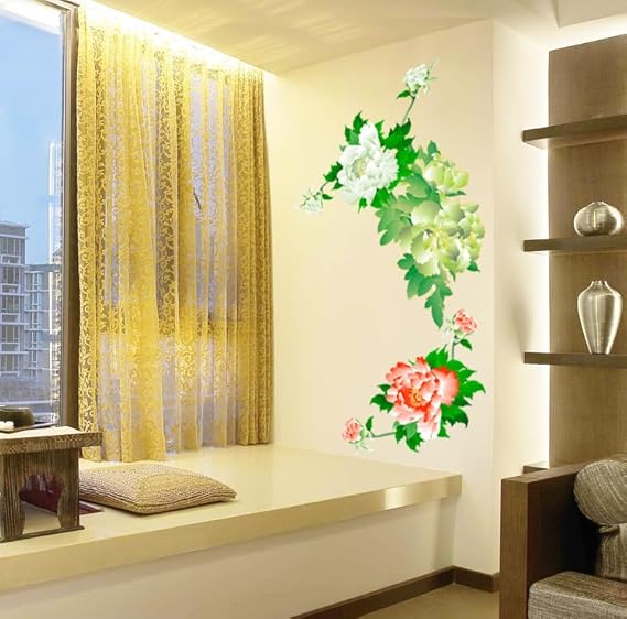 JAAMSO ROYALS Red and White with Green Leaves Design Self Adhesive Peel and Stick Decorative Wall Sticker for Wall Decor and Home Decor (60CM X 90CM)