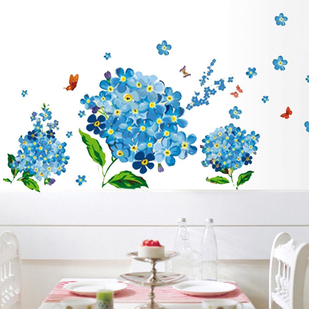 Romantic Blue Flowers Charm Wall Stickers Removable Wall Decals Home Decor PVC Art Mural Baby Boys Girls Kids Bedroom Kitchen Nursery Room Decoration Wall Sticker Posters