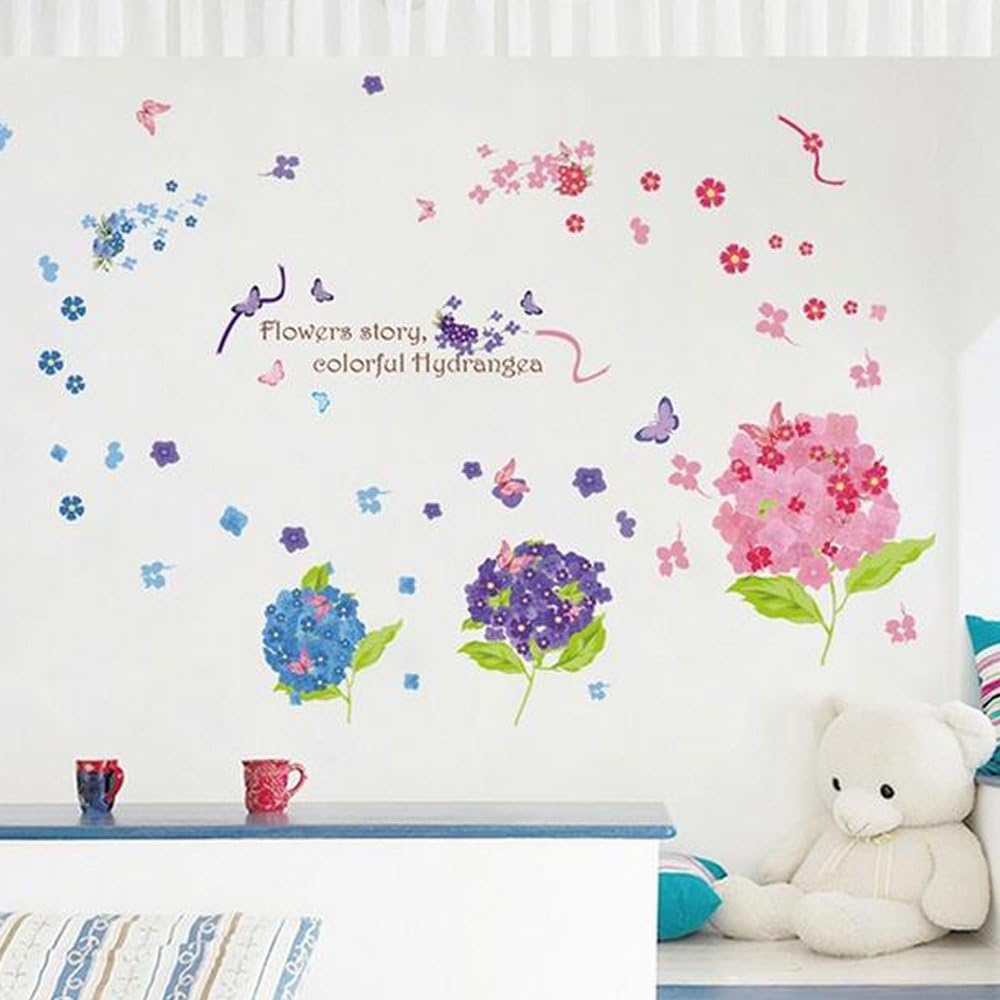 Xl7201 Wall Stickers Hydrangea Butterfly Flower Home Decor PVC Murals Wallpaper Home Art Living Room Adult Seniors Teenagers Kids Baby Bedroom Decoration