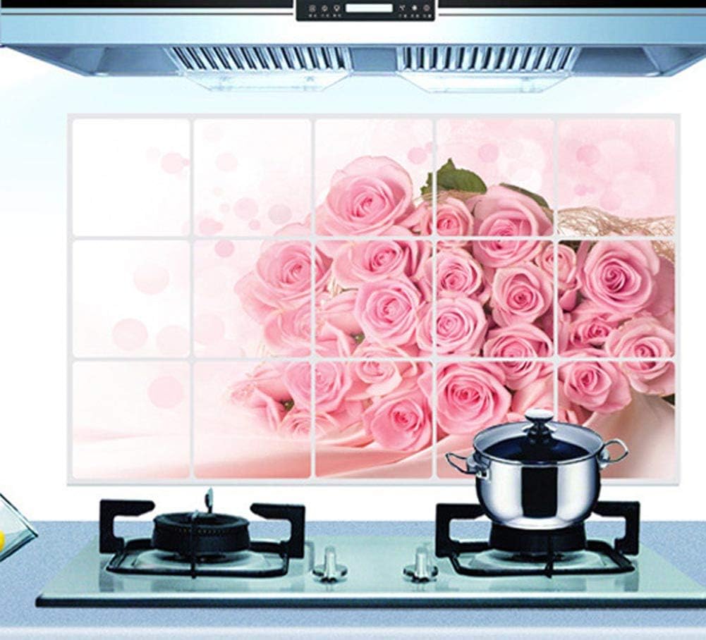 BIBITIME Pink Rose Kitchen Oil Proof Wall Stickers 17.72 inches x 27.56 inches Roses Flower