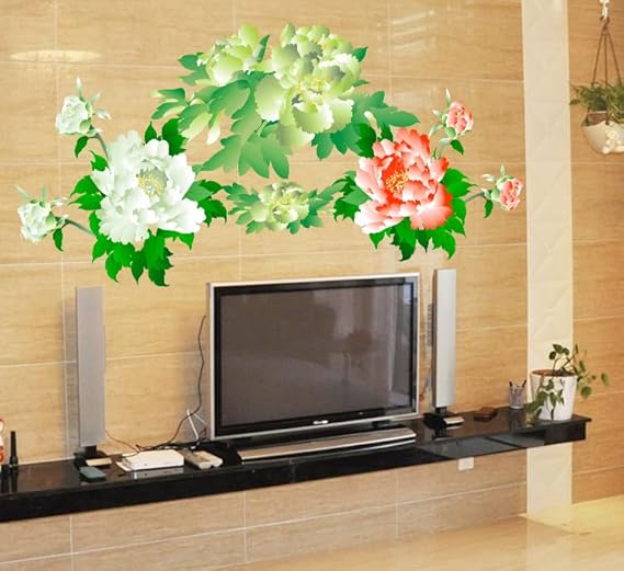 JAAMSO ROYALS Red and White with Green Leaves Design Self Adhesive Peel and Stick Decorative Wall Sticker for Wall Decor and Home Decor (60CM X 90CM)