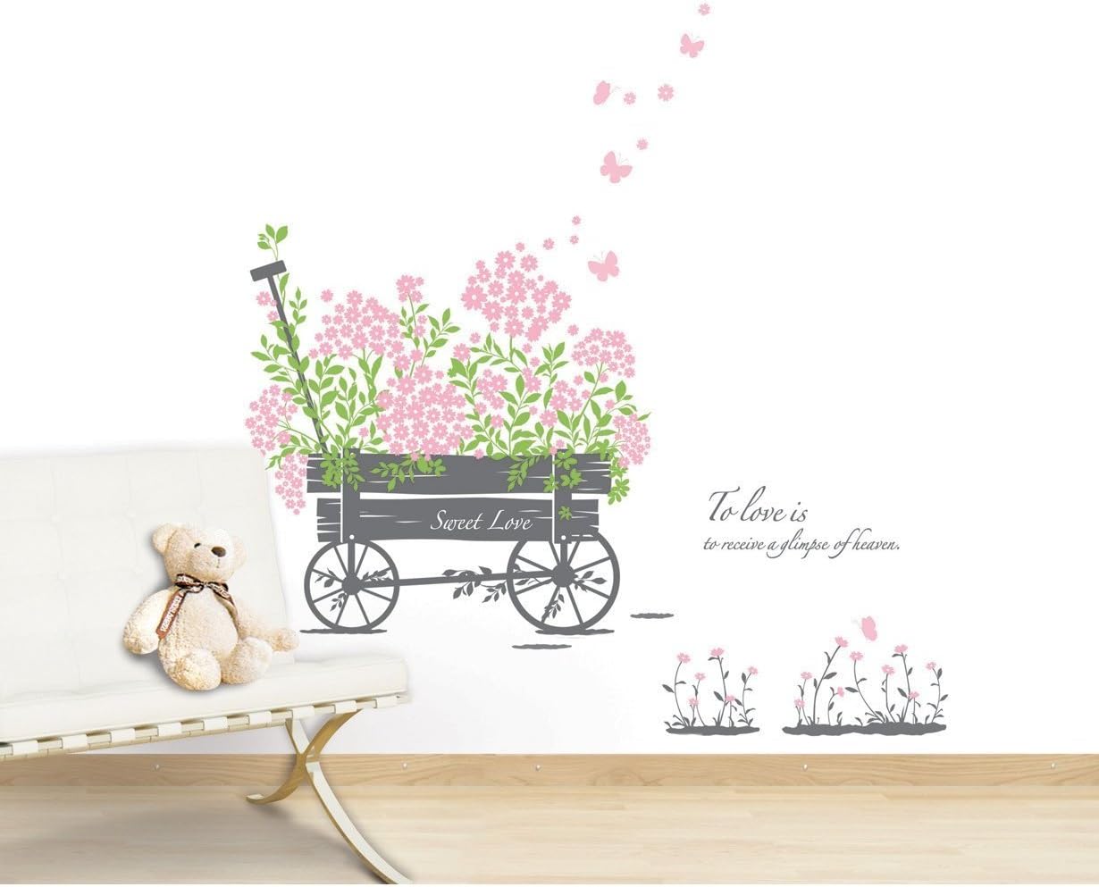 DM570049 Gardens Theme Adhesive Rooms Walls Vinyl DIY Stickers / Murals / Decals / Tattoos / Transfers With Wheelbarrow And Pink Flowers By VAGA