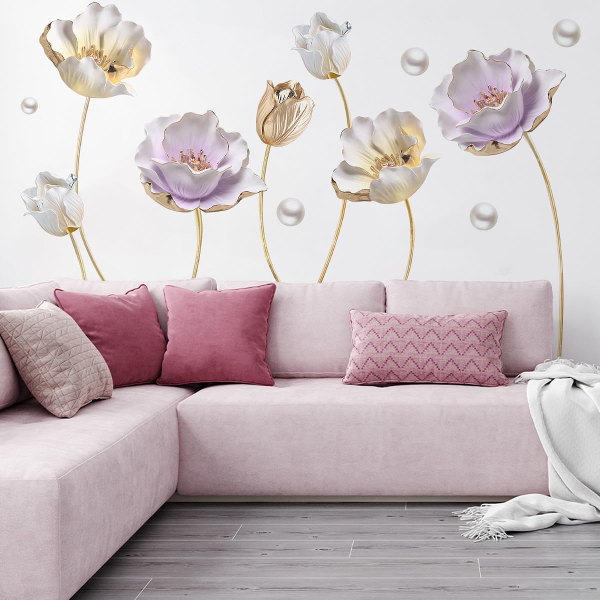 Runtoo 3D Flower Wall Stickers Gold Lotus Floral Wall Art Decals for Living Room Bedroom TV Background Wall Decor GS9720 Size: 60x90cm