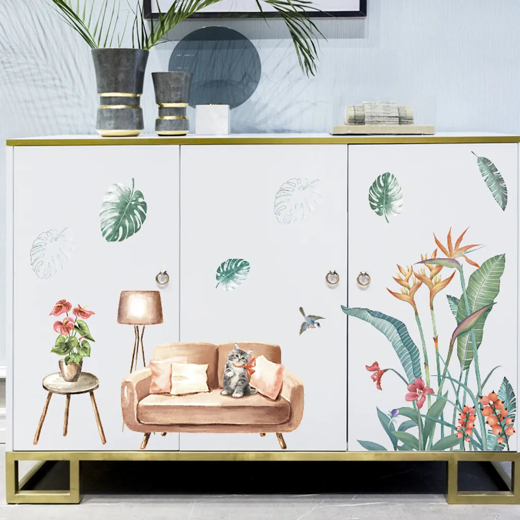 WS0388 NORDIC GREEN PLANT & CAT WALL STICKER