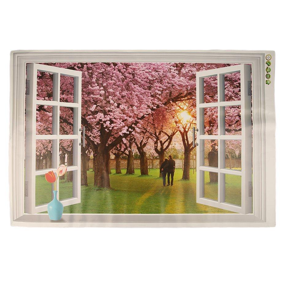 Wall Sticker ay9234e romantic sunset landscape cherry tree 3d fake window stickers wall decor wall stickers for kids rooms