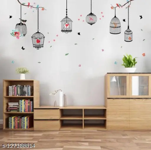 PG888 Girl's Walls Sticked with Bird Cages under Street Lamps and Loving Elk Composite Decoration Stickers