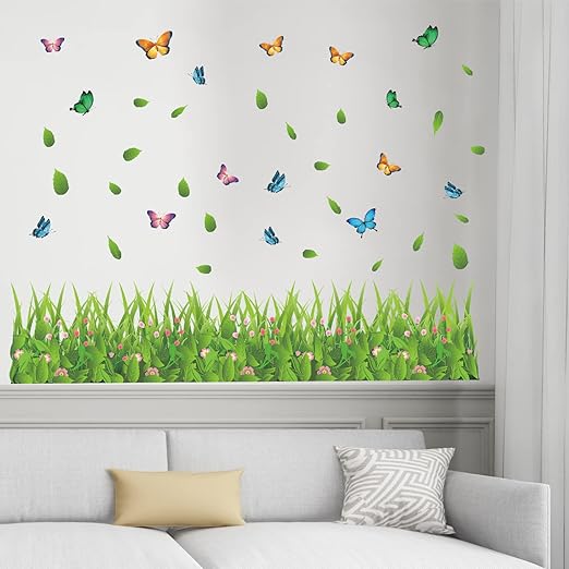 XL7180 Supzone Green Grass Wall Corner Decals Flower Butterfly Baseboard Skirting Line Wall Art Sticker for Bedroom Living Room Kitchen Wall Decor Home Decoration