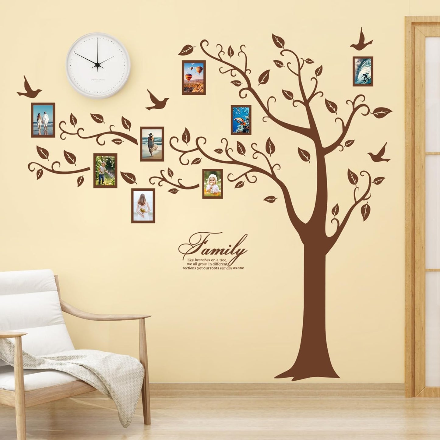 Large Family Photo Tree Wall Sticker 3D Peel and Stick Vinyl Photo Frame Tree Wall Decals Removable Quotes Leaf and Birds Wall Decor for Home Kids Bedroom