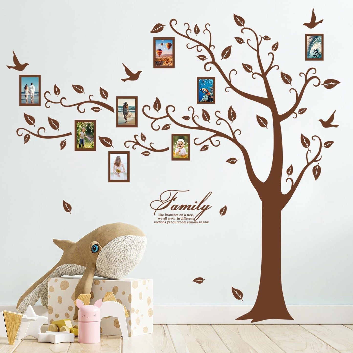 Large Family Photo Tree Wall Sticker 3D Peel and Stick Vinyl Photo Frame Tree Wall Decals Removable Quotes Leaf and Birds Wall Decor for Home Kids Bedroom
