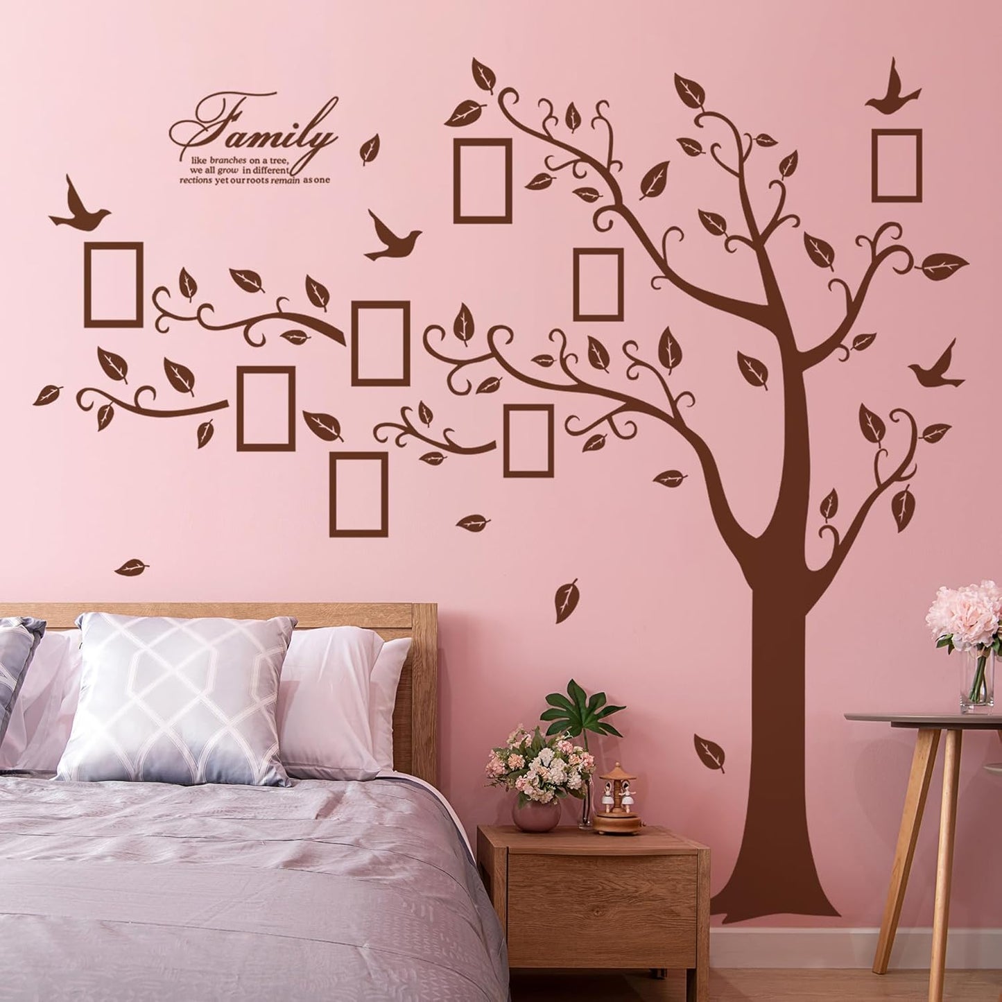 Large Family Photo Tree Wall Sticker 3D Peel and Stick Vinyl Photo Frame Tree Wall Decals Removable Quotes Leaf and Birds Wall Decor for Home Kids Bedroom