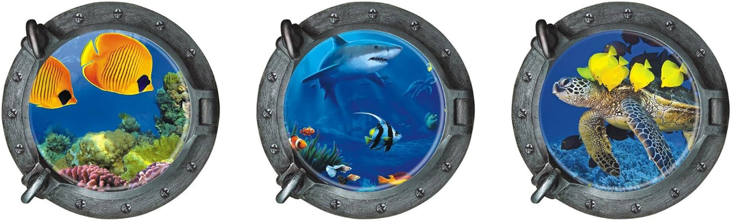 DNVEN Porthole Wall Decals Tropical Fishes Stickers 3D Under the Sea Ocean World Shark Sea Turtles Window View Faux Submarine Removable Murals for Bedrooms Boys Room Decor 13 inches x 13 inches x 3pcs