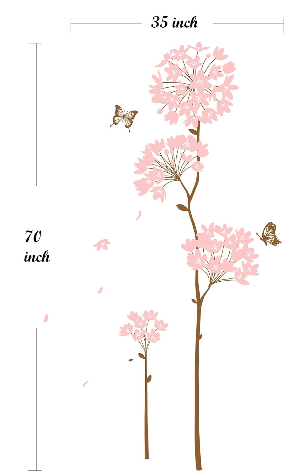 Long Stem Large Pink Hydrangea Flower with Butterflies and Flying Petals Peel & Stick Wall Decals