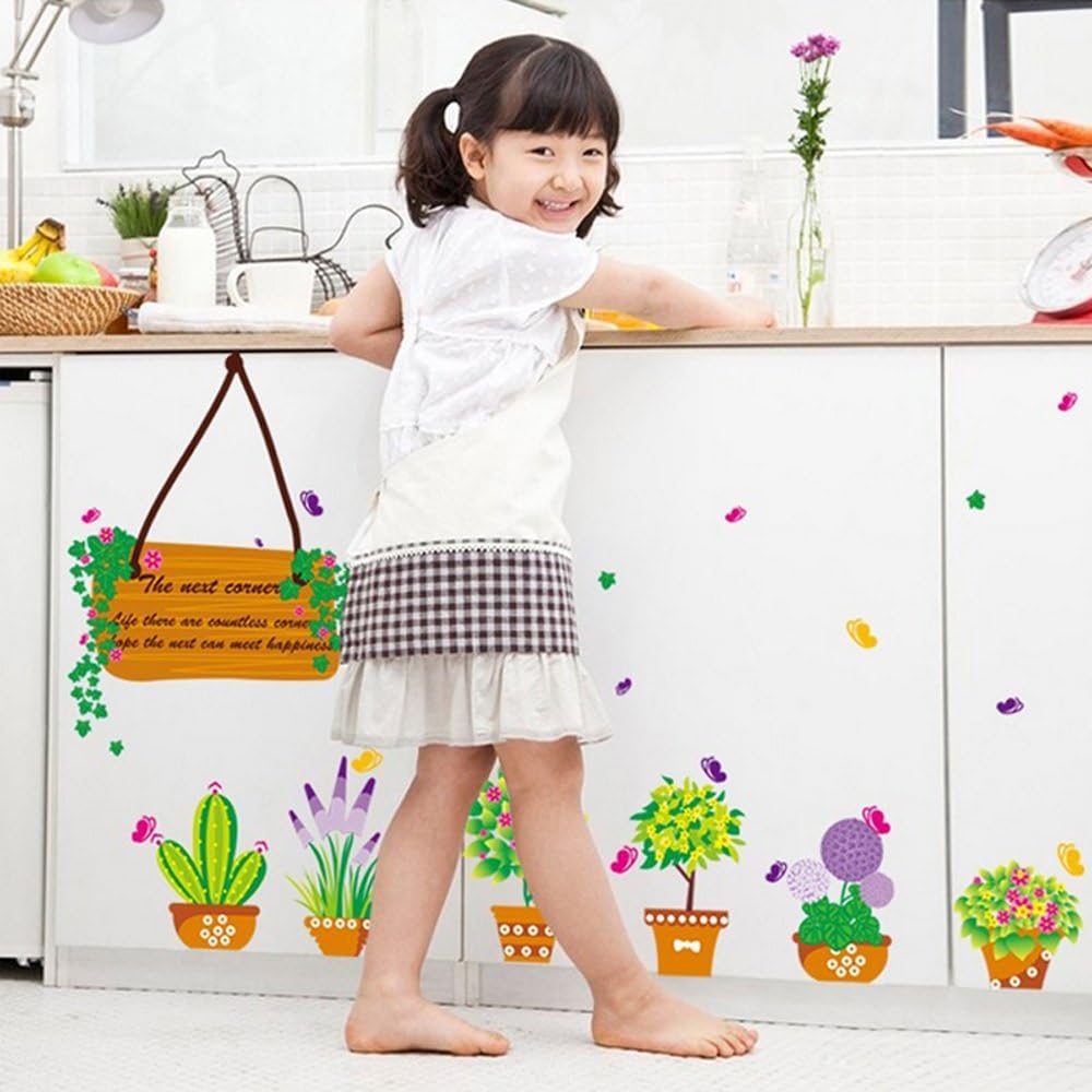 MJ7031 BEST OF BEST Flower Cactus Plant Potted Wall Sticker Home Decal Removable PVC Murals Wallpaper Girls Boys Kids Baby Nursery Bedroom Living Room Bathroom Kitchen Window