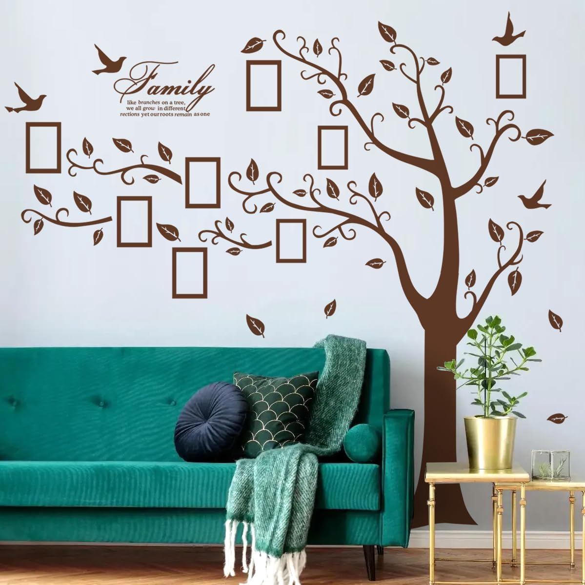 Large Family Photo Tree Wall Sticker 3D Peel and Stick Vinyl Photo Frame Tree Wall Decals Removable Quotes Leaf and Birds Wall Decor for Home Kids Bedroom