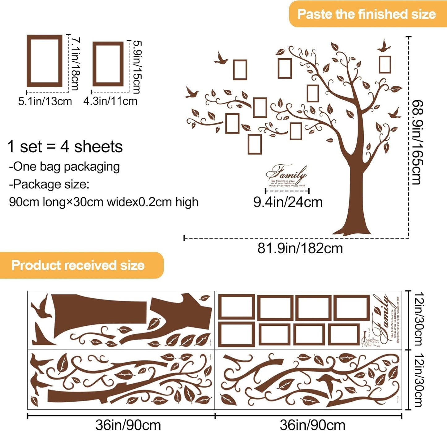 Large Family Photo Tree Wall Sticker 3D Peel and Stick Vinyl Photo Frame Tree Wall Decals Removable Quotes Leaf and Birds Wall Decor for Home Kids Bedroom