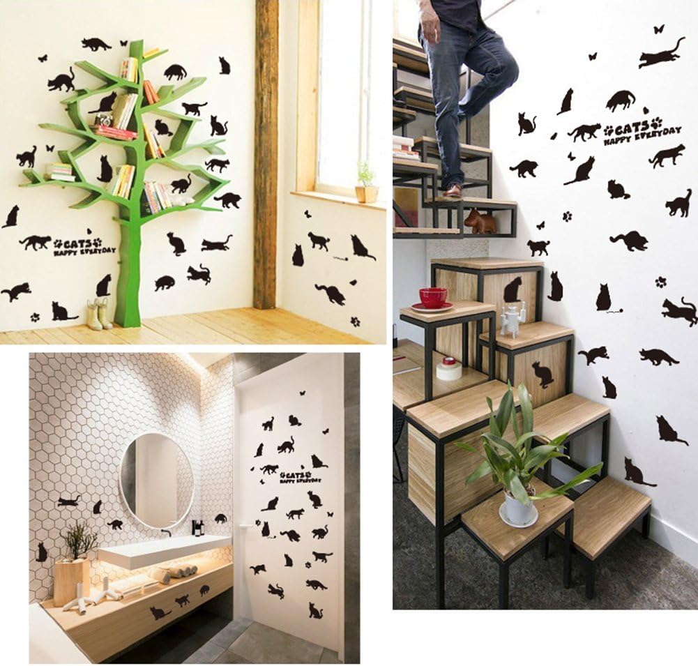 Sks6036 Removable 26 Black Cats and Butterfly Vinyl Wall Arts Paper Easy to Stick Wall Decals for Bedroom and Funiture