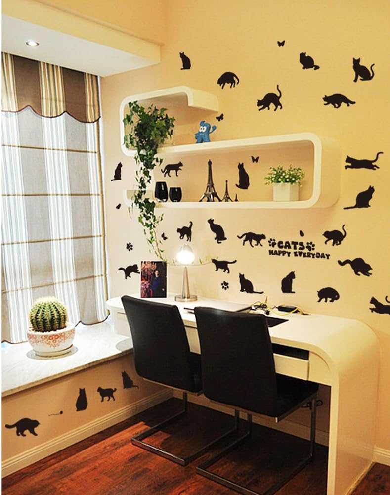 Sks6036 Removable 26 Black Cats and Butterfly Vinyl Wall Arts Paper Easy to Stick Wall Decals for Bedroom and Funiture