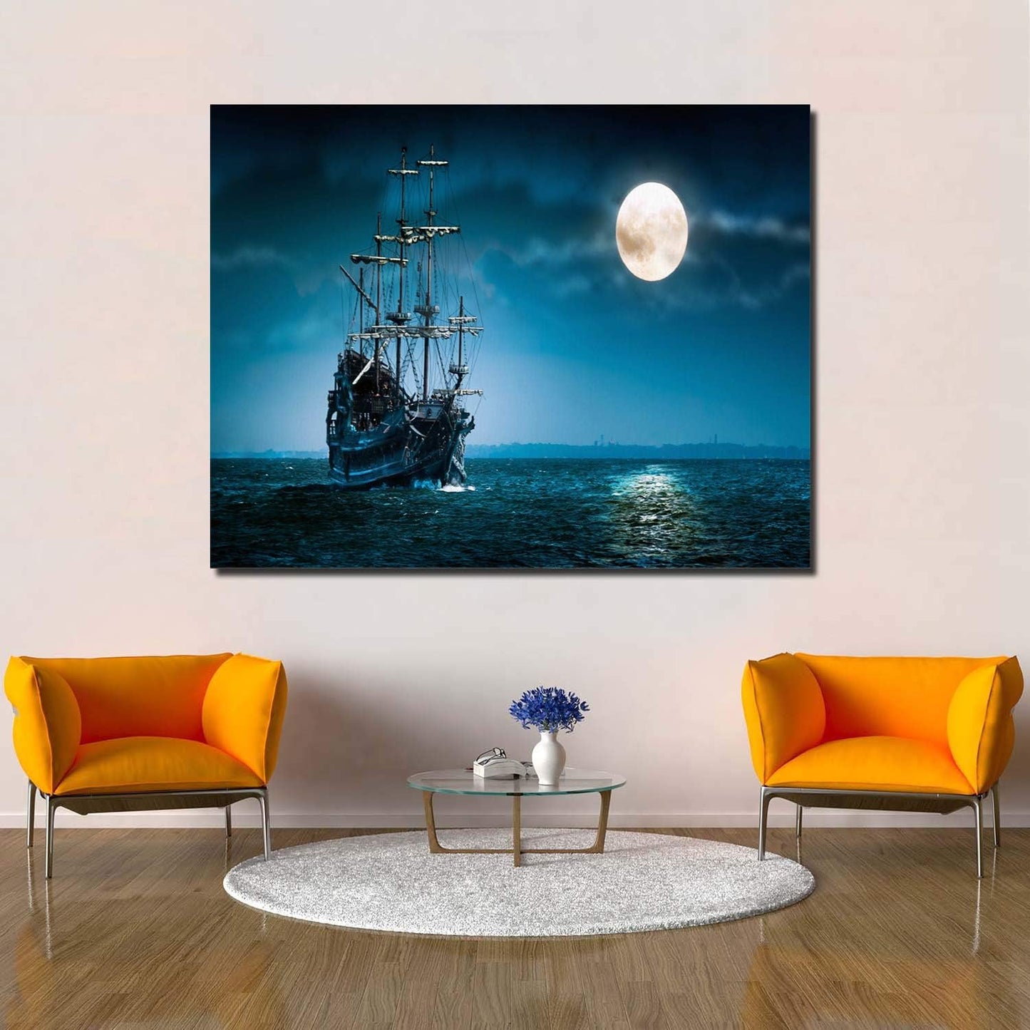 Ay8012 Canvas Wall Art - Night Boat Sailing Marine Moon Pictures - Modern Gallery Wall Decor Giclee Print Stretched and Framed Ready to Hang