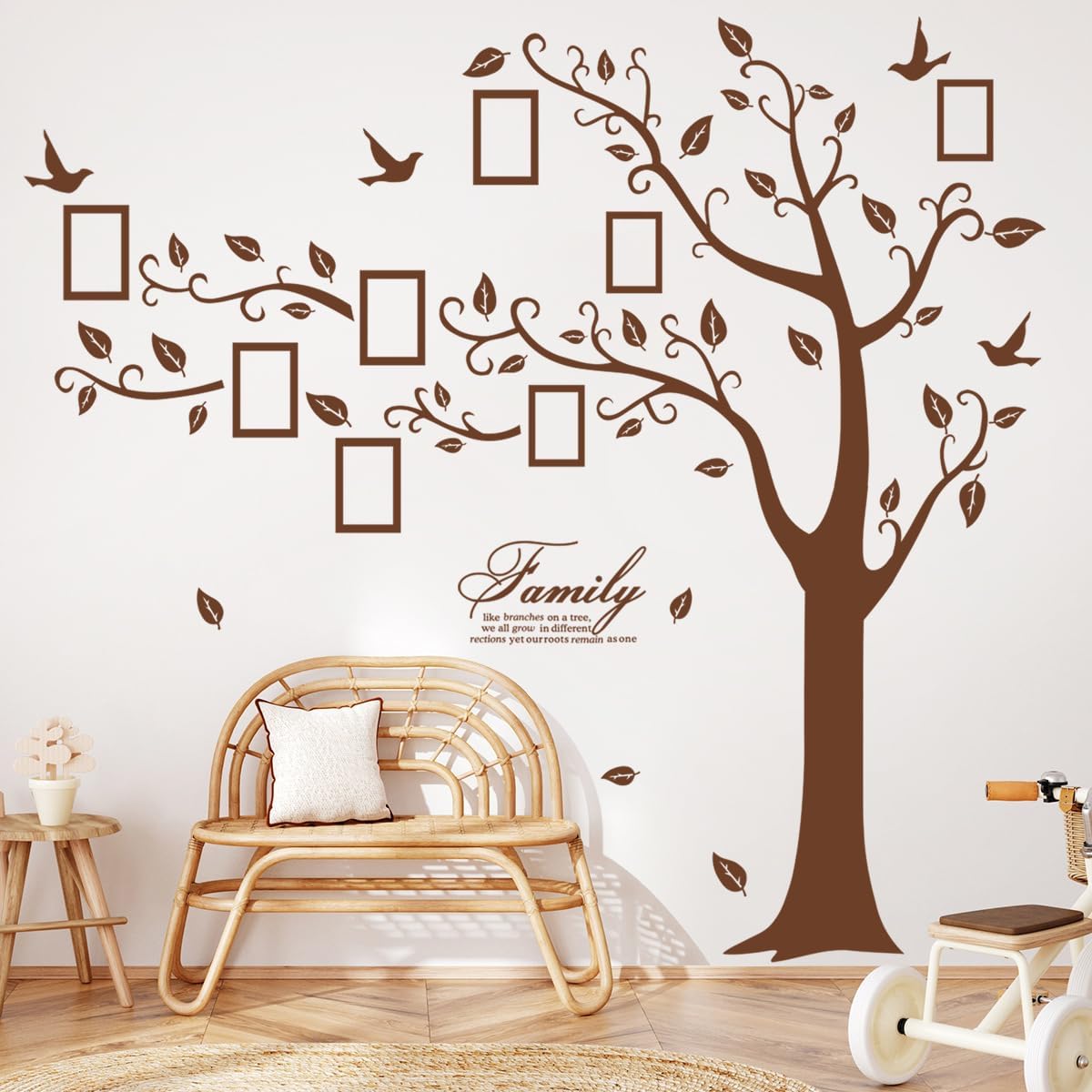 Large Family Photo Tree Wall Sticker 3D Peel and Stick Vinyl Photo Frame Tree Wall Decals Removable Quotes Leaf and Birds Wall Decor for Home Kids Bedroom