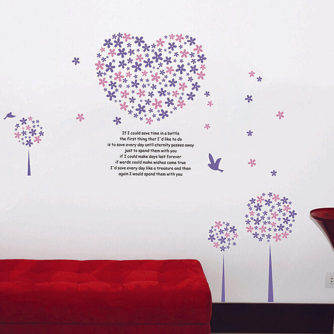 Lavender Flower Wall Sticker Dinding Motif Love Purple heart decal Size:60x90 Lm8007