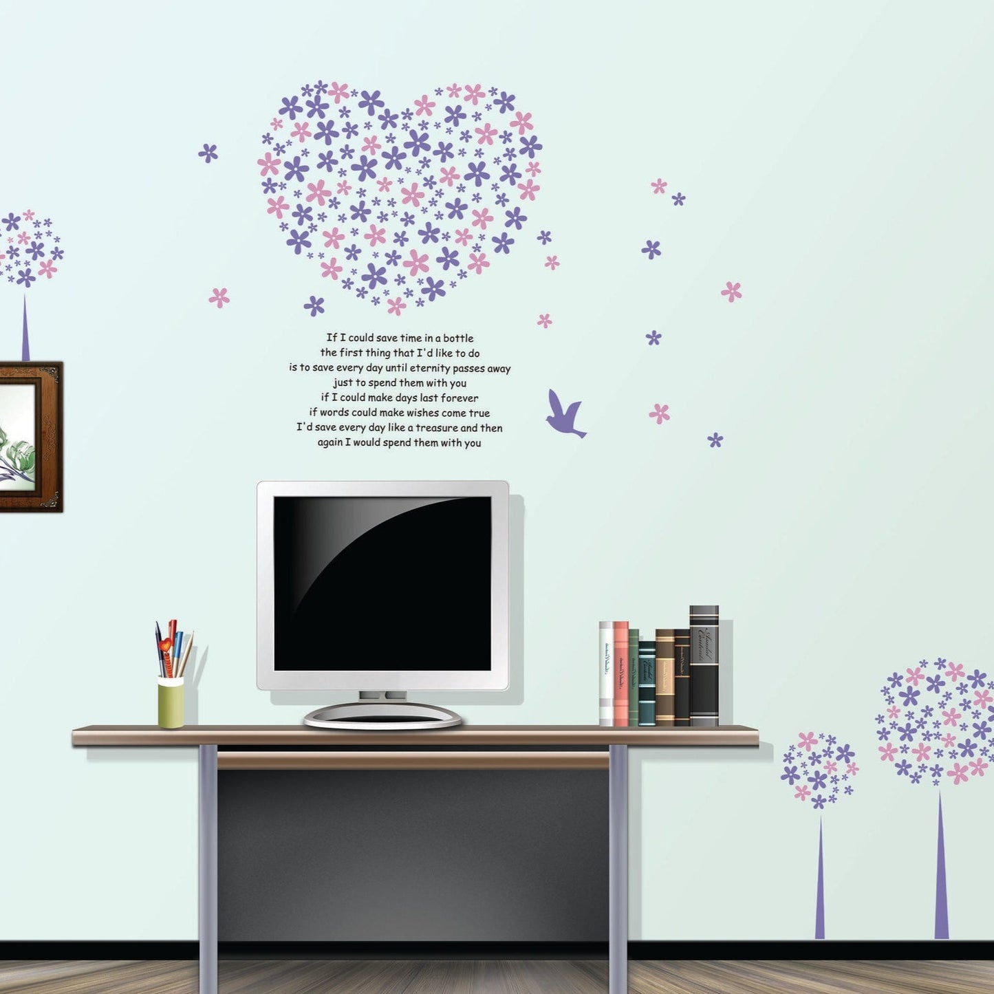 Lavender Flower Wall Sticker Dinding Motif Love Purple heart decal Size:60x90 Lm8007