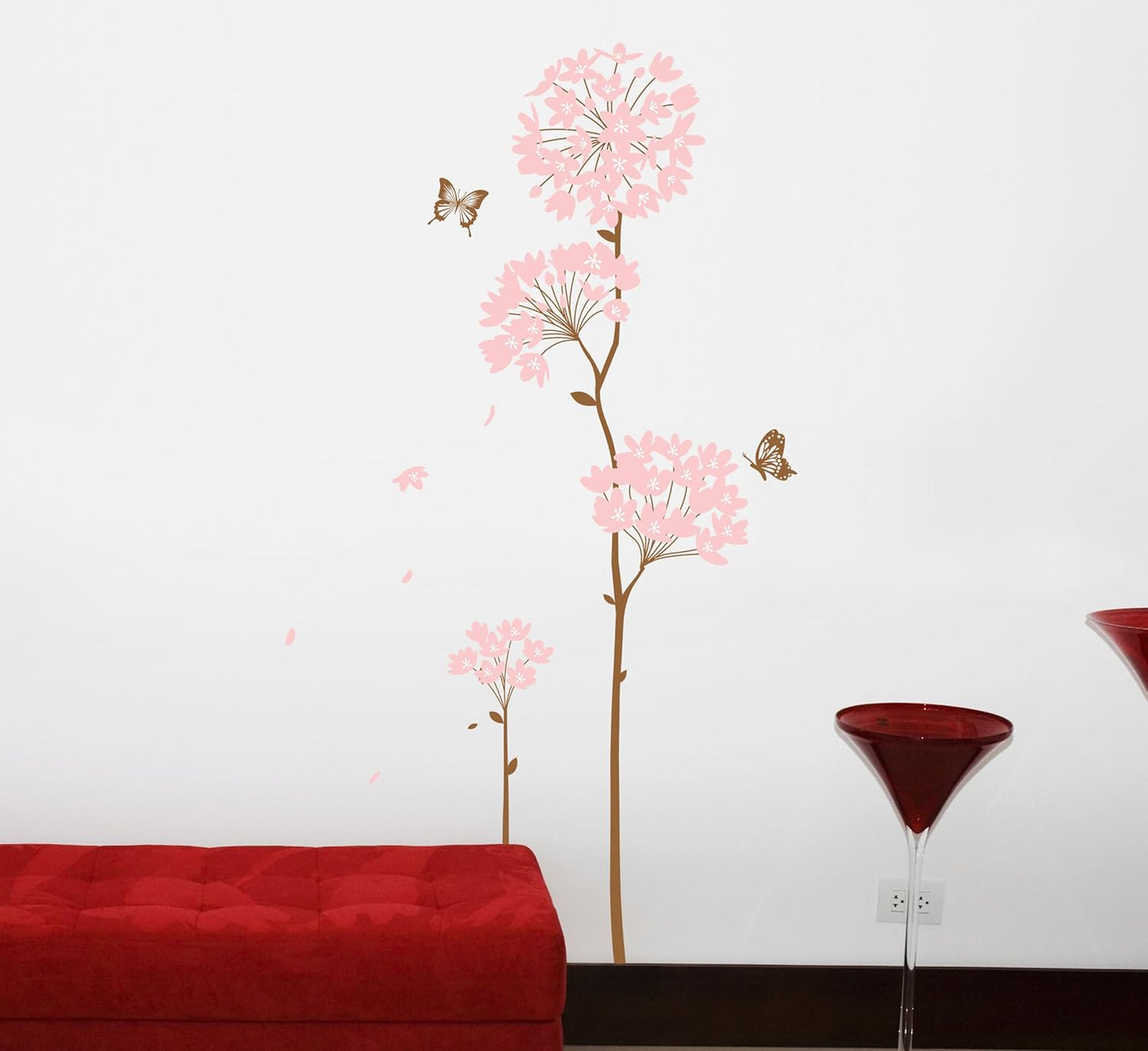 Long Stem Large Pink Hydrangea Flower with Butterflies and Flying Petals Peel & Stick Wall Decals