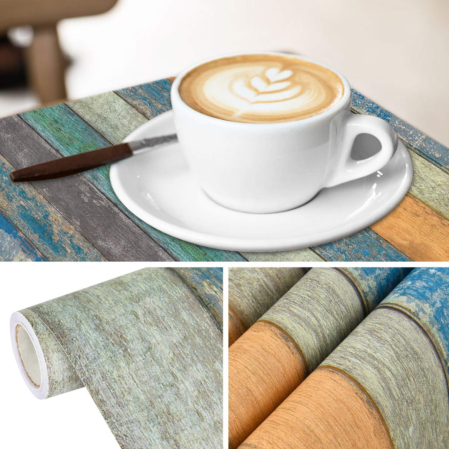 WENMER 17.71" x 118" Wood Plank Contact Paper Wallpaper Distressed Wood Textured Peel and Stick Wallpaper Blue Green Yellow Strips Self-Adhesive Wallpaper roll for Walls Shelves Drawers Furniture Room