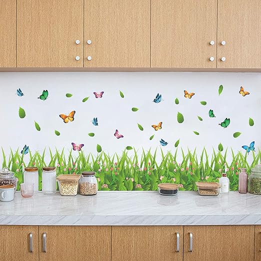 XL7180 Supzone Green Grass Wall Corner Decals Flower Butterfly Baseboard Skirting Line Wall Art Sticker for Bedroom Living Room Kitchen Wall Decor Home Decoration