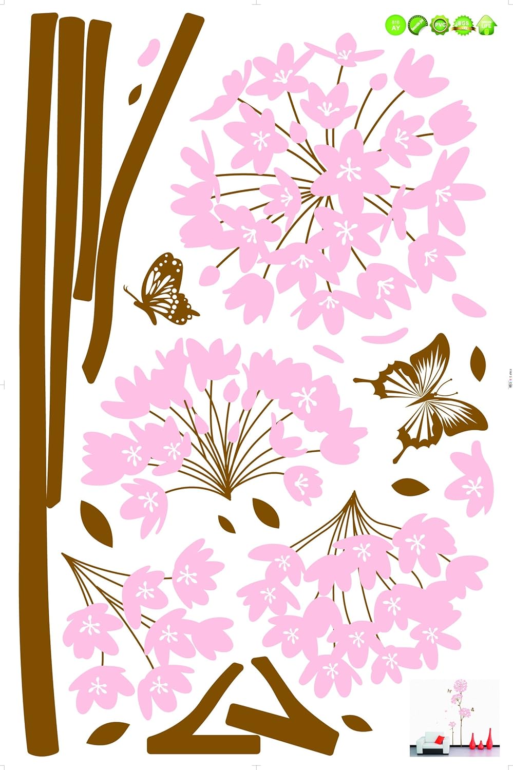 Long Stem Large Pink Hydrangea Flower with Butterflies and Flying Petals Peel & Stick Wall Decals