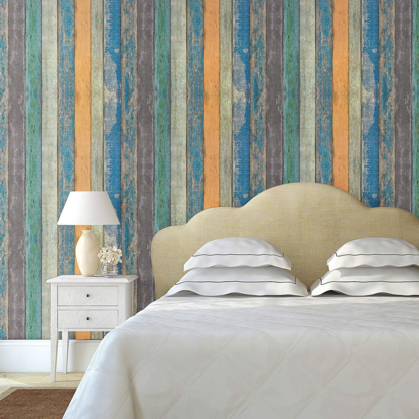 WENMER 17.71" x 118" Wood Plank Contact Paper Wallpaper Distressed Wood Textured Peel and Stick Wallpaper Blue Green Yellow Strips Self-Adhesive Wallpaper roll for Walls Shelves Drawers Furniture Room