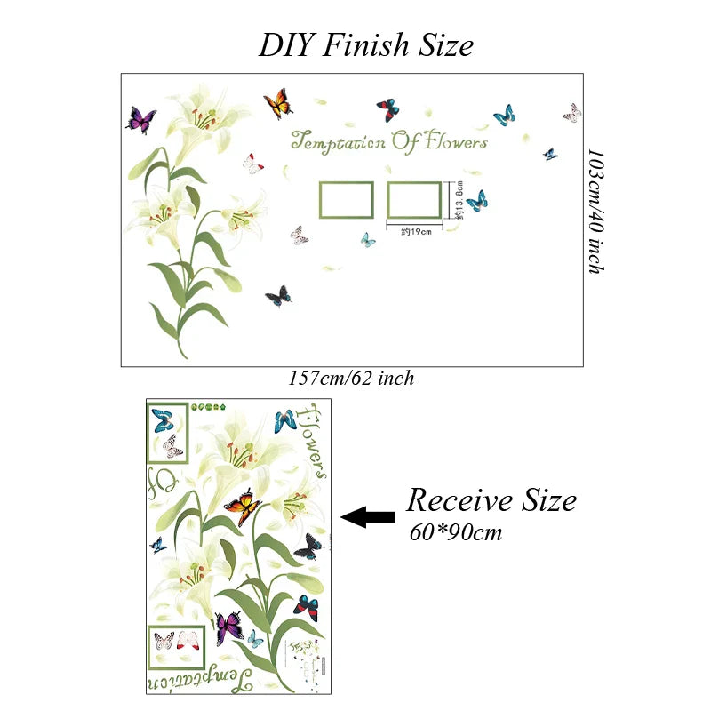 1 Set Lily Flower Wall Sticker Photo Frame Murals Temptation of Flowers White Pink Lily Butterfly SK9070A
