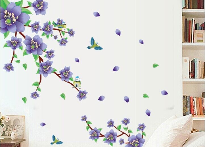 AY9190 Romantic Purple Flower DIY Removable Wall Stickers Living Room TVSofa Background Sweet Home Decor Mural Decal.