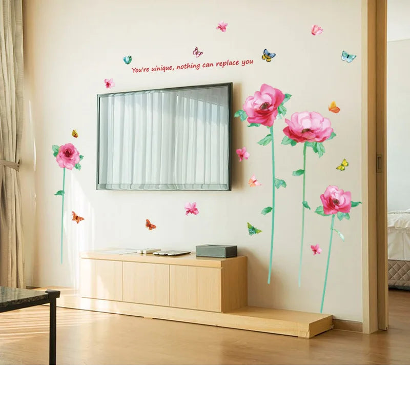 Colorful Butterflies Wall Stickers Red Rose Romantic Blooming Flowers Bedroom Wallpaper Warm Window Decal Home Decor