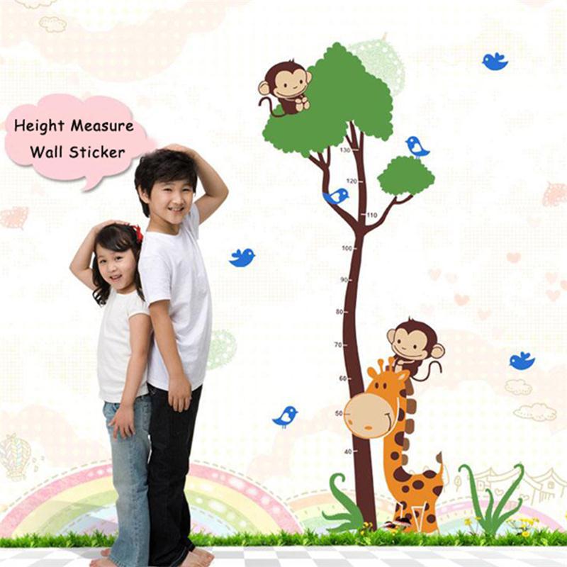 Cartoon animal monkey bird giraffe baby child height measure wall stickers