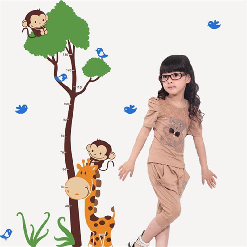 Cartoon animal monkey bird giraffe baby child height measure wall stickers