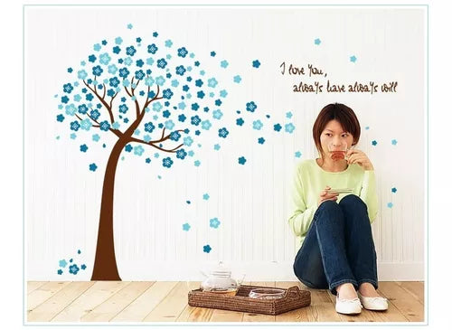 Asmi Collections Wall Stickers Blue Tree and Flowers AY9026B