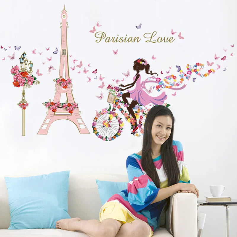 Fashion Girl In Pink Dress Wall Stickers Iron Tower Bicycle Colorful Butterflies Wallpaper For Girl's Living Room