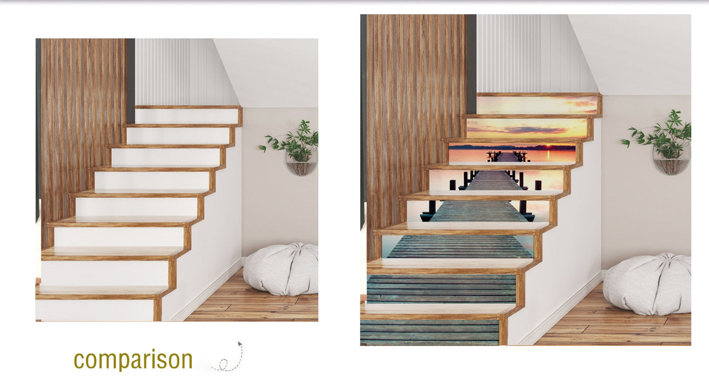 Fashion 12piece installation stair sticker, promenade, sunset, ocean, waterfall, street style waterproof can remove stair sticker JF5602 Single sheet layout size:97 * 17cm(Approx.)