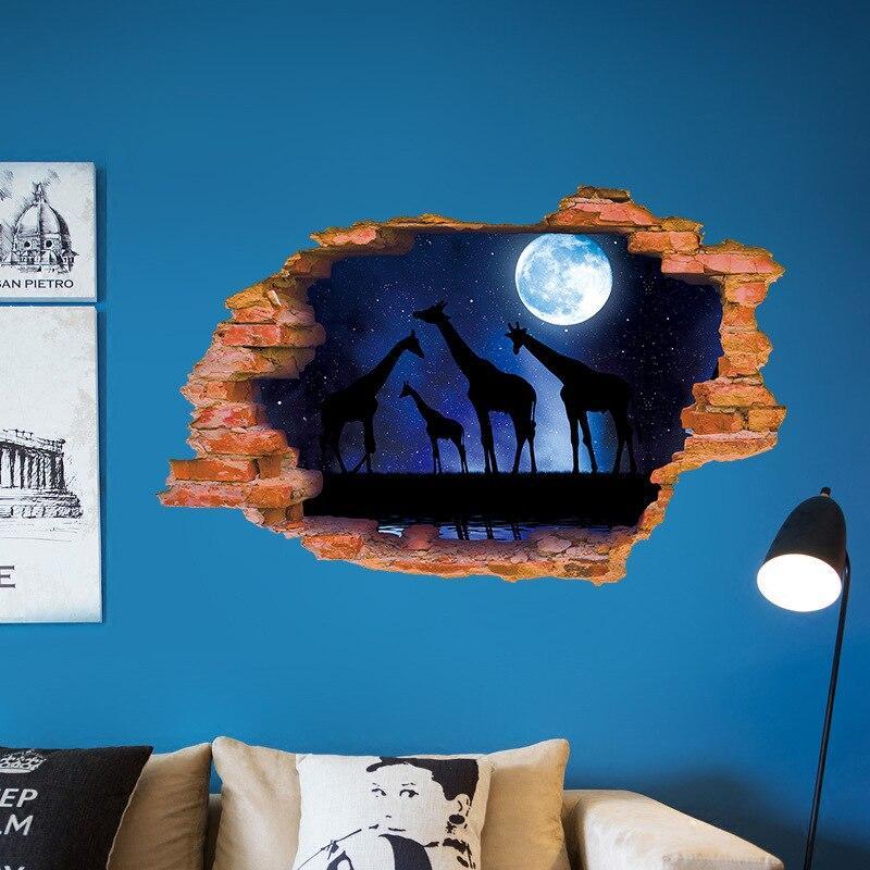 xl8309 3D stickers Moon Starry Giraffe broken wall stickers For Home decor Study Dormitory Decoration decals Removable Sticker poster
