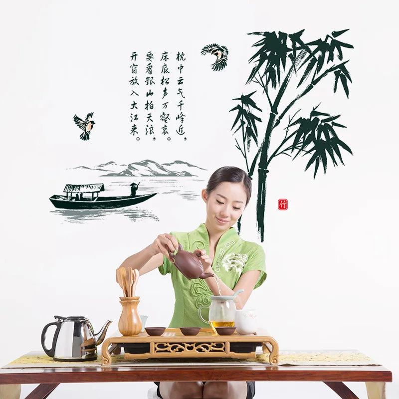 painting landscape boat bamboo wall stickers