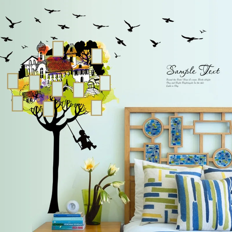 SK9210 Self-adhesive Wall Sticker Tree House Photo Frame Swing Living Room Bedroom Children's Room Kindergarten