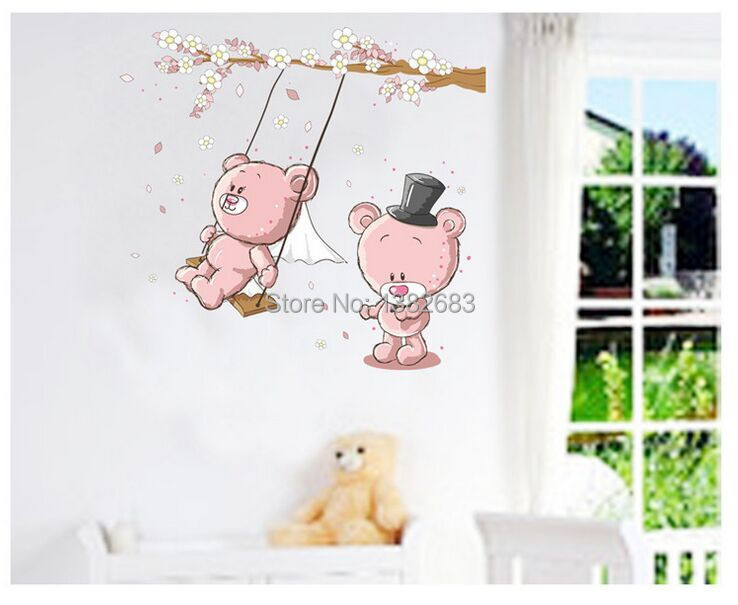 CUTE Teddy Bear Play on the Swing Room Decor Cartoon Wall Decals JM7234