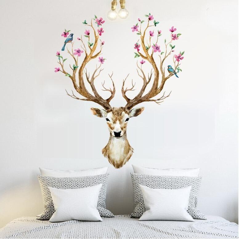 SK9003b DIY Sika Deer Head Flowers Wall stickers For Living Room Art Vinyl Wall Decals For Kids Baby Home Decor