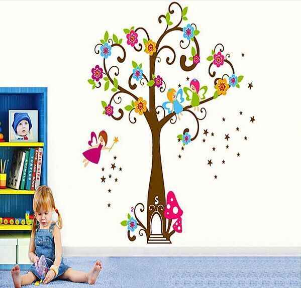 Tree Very Cute Peel Scroll Tinkle Fairy Girl DIY Removable Wall Stickers Parlor Kids Bedroom Home Decor Mural Decal JM7158