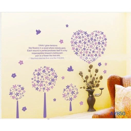 Lavender Flower Wall Sticker Dinding Motif Love Purple heart decal Size:60x90 Lm8007