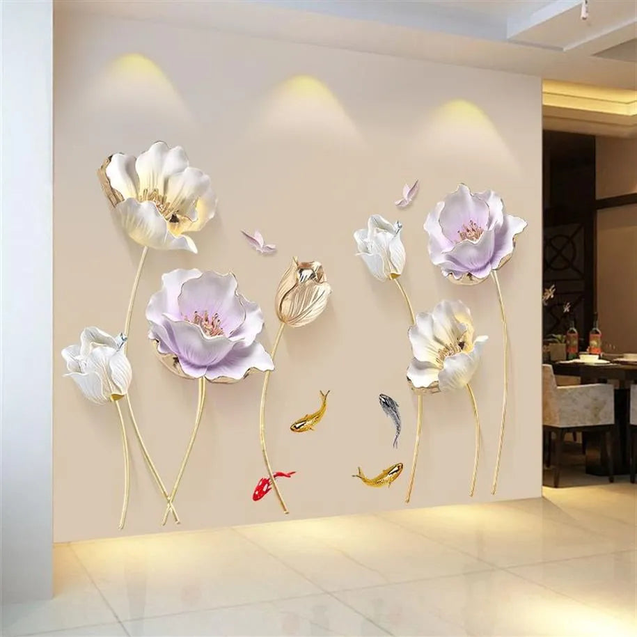 Runtoo 3D Flower Wall Stickers Gold Lotus Floral Wall Art Decals for Living Room Bedroom TV Background Wall Decor GS9720 Size: 60x90cm