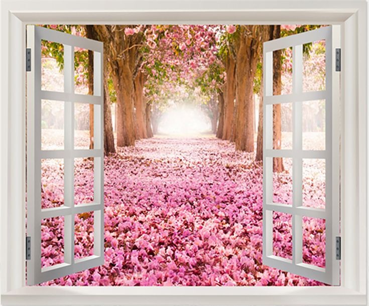 AY9234D cherry tree avenue 3d fake windows landscape green pvc wall sticker Removable wall stickers home decor wall decor