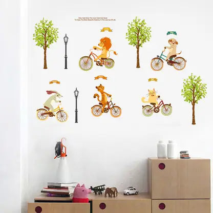 Ampire 120 cm Wall Stickers Cartoon Animal Kids Room Jungle Bicycle Ride Self Adhesive Sticker