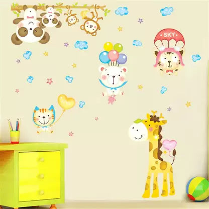 Cute Bear Monkey Giraffe Animal Under Sky Decals For Kids Room Wall Sticker Abc1010
